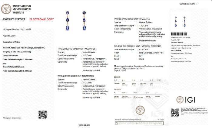 Ingen mindstepris - Øreringe - 14 karat Gulguld -  344ct tw Tanzanit - Diamant - Pink - IGI