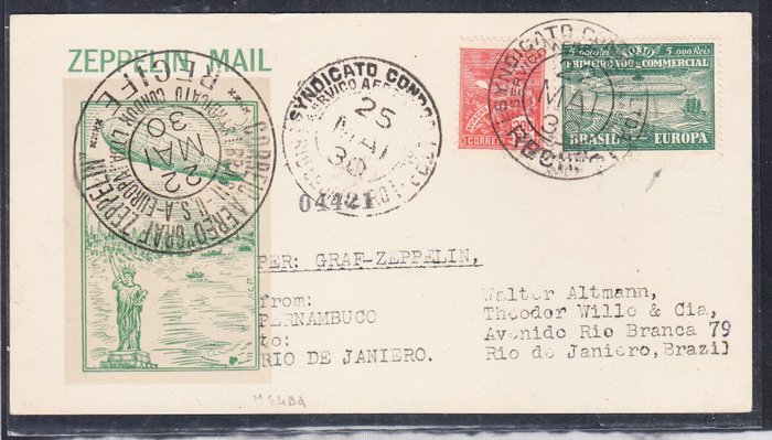 Brasilien 1932 - Første sydamerikanske Zeppelin-flyvning med brevforsegler og mindeaflysning fra Pernabuco til Rio - Michel nr. 64Ba