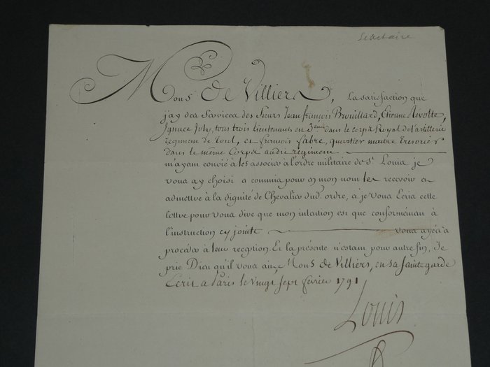 Louis XVI (Secrétaire Louis Le Bègue Duportail) - Révolution française - La royauté - Lettre patente au Lieutenant Colonel Devilliers du Corps Royal de l'artillerie - 1791