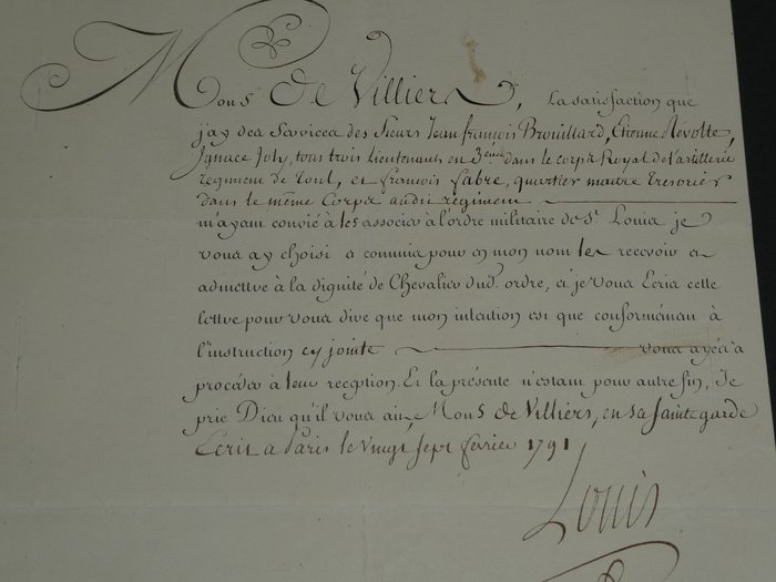 Louis XVI (Secrétaire Louis Le Bègue Duportail) - Révolution française - La royauté - Lettre patente au Lieutenant Colonel Devilliers du Corps Royal de l'artillerie - 1791