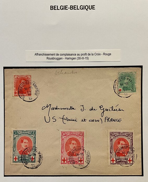 Belgien 1915/1915 - Udgave Albert I Røde Kors - Komplet serie på brevkuvert ROUSBRUGGE-HARINGHE - OBP 132/134 + 126/127- Zeldzame afstempeling