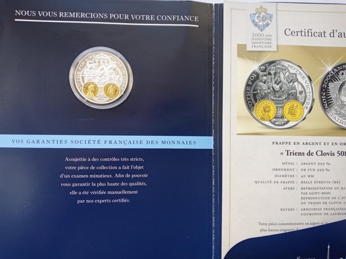 Frankrig. Silver medal Triens de Clovis 508 Pure Silver Memorabilia Coin+Certificate+Gift Coin 10 Years Euro Estonia  (Ingen mindstepris)