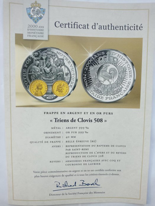 Frankrig. Silver medal Triens de Clovis 508 Pure Silver Memorabilia Coin+Certificate+Gift Coin 10 Years Euro Estonia  (Ingen mindstepris)