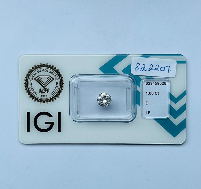 1 pcs Diamant  (Natur)  - 1.00 ct - Rund - D (farveløs) - IF - International Gemological Institute (IGI)