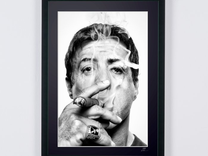 Sylvester Stallone (with cigar) - Fine Art Photography - Luxury Wooden Framed 70X50 cm - Limited Edition Nr 08 of 20 - Serial ID 16779 - Original Certificate (COA), Hologram Logo Editor and QR Code - 100% New items.