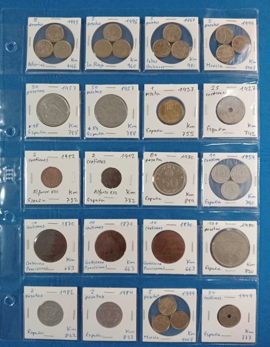 Spanien Lot 126 mønter, plus 23 gamle pengesedler. Periode 1870-2001.  (Ingen mindstepris)