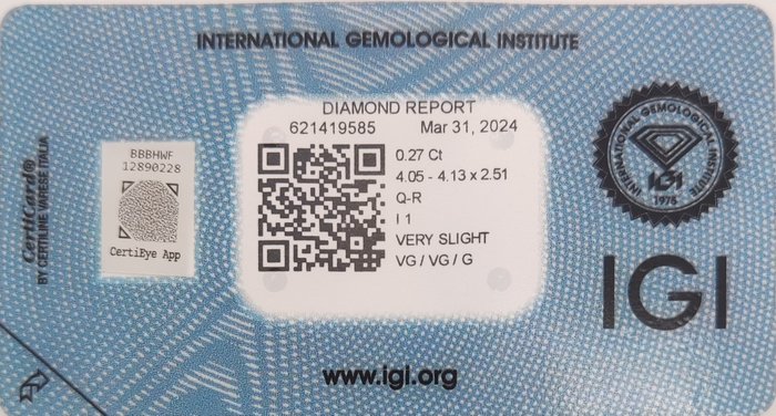 Ingen mindstepris - 1 pcs Diamant  (Natur)  - 0.27 ct - Rund - I1 - International Gemological Institute (IGI) - Q - R