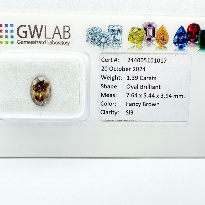 Ingen mindstepris - 1 pcs Diamant  (Naturfarvet)  - 1.39 ct - Oval - Fancy Brun - SI3 - Gemewizard Gemological Laboratory (GWLab)