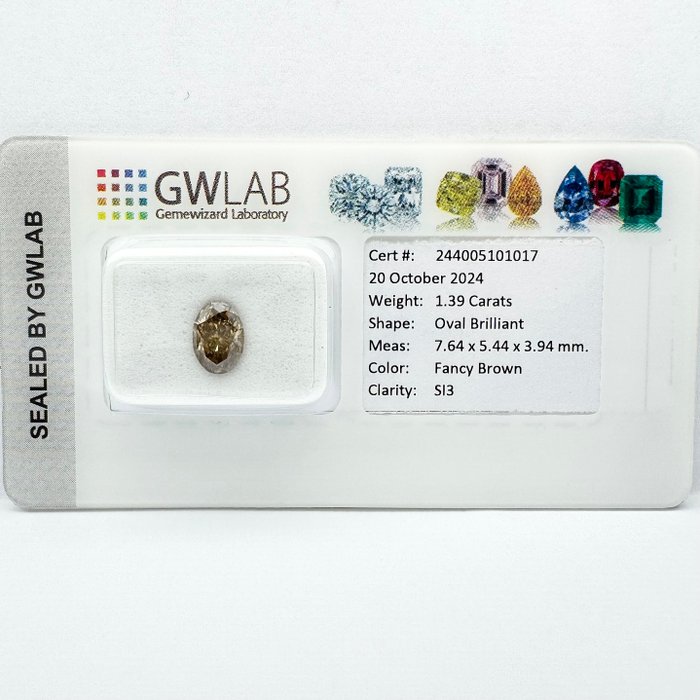 Ingen mindstepris - 1 pcs Diamant  (Naturfarvet)  - 1.39 ct - Oval - Fancy Brun - SI3 - Gemewizard Gemological Laboratory (GWLab)