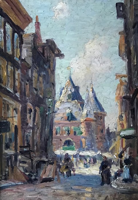 Hendrik Schaap (1878- 1955.) - De markt bij de Waag of Sint Antoniuspoort te Amsterdam.