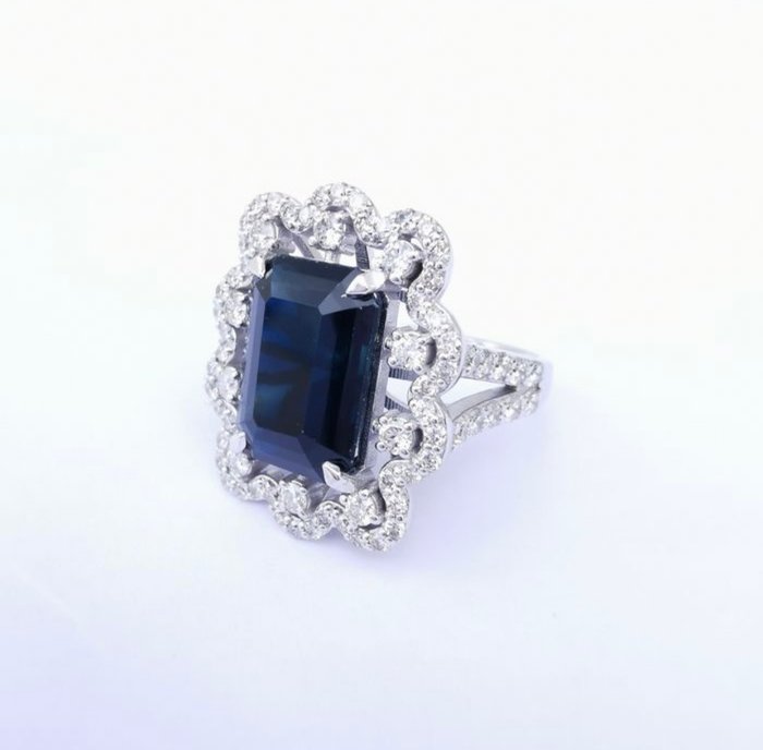 Ring - 14 karat Hvidguld Safir - Diamant - Diamant- og safirring