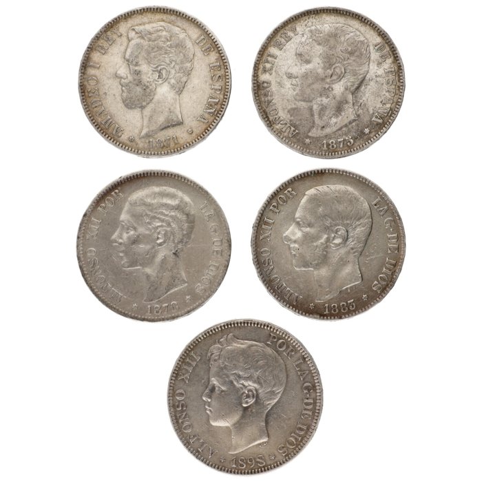 Spanien. Amadeo I, Alfonso XII, Alfonso XIII. 5 Pesetas 1871/1898 (5 stuks)  (Ingen mindstepris)