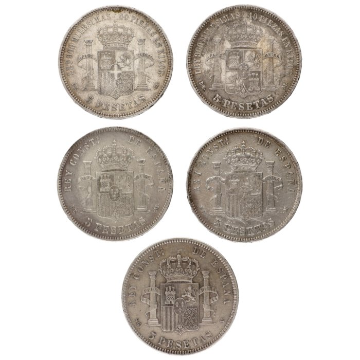 Spanien. Amadeo I, Alfonso XII, Alfonso XIII. 5 Pesetas 1871/1898 (5 stuks)  (Ingen mindstepris)