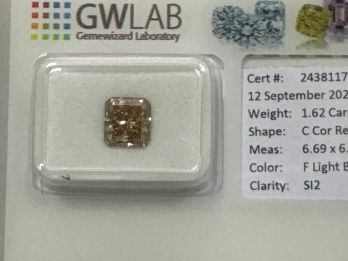 Ingen mindstepris - 1 pcs Diamant  (Naturfarvet)  - 1.62 ct - Rektangel - Fancy light Brun - SI2 - Gemewizard Gemological Laboratory (GWLab)