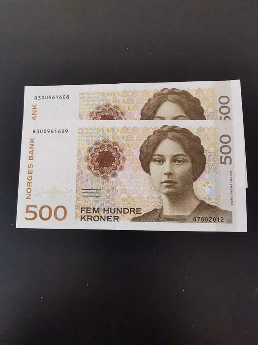 Norge. 2 x 500 Kroner - 2012 - Consecutive - Pick 51  (Ingen mindstepris)