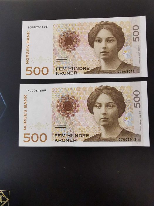 Norge. 2 x 500 Kroner - 2012 - Consecutive - Pick 51  (Ingen mindstepris)