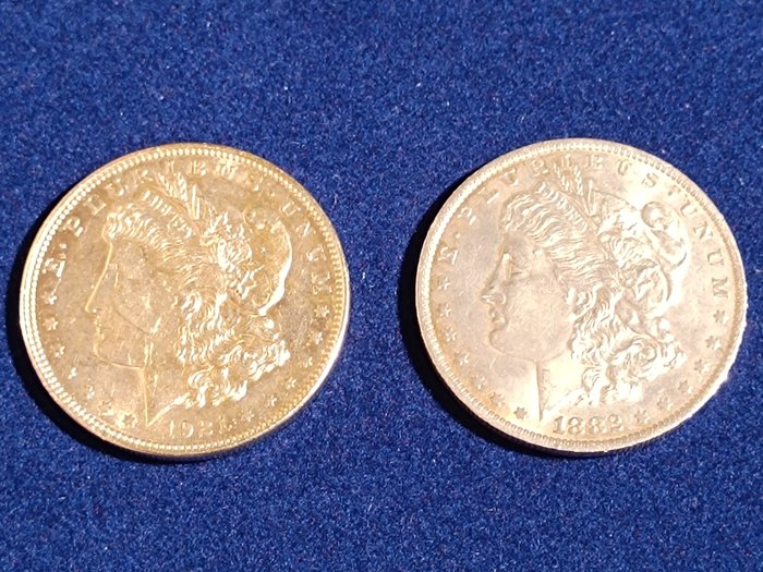 Förenta staterna. A Pair (2x) of Morgan Dollars 1882-O, 1921  (Ingen mindstepris)