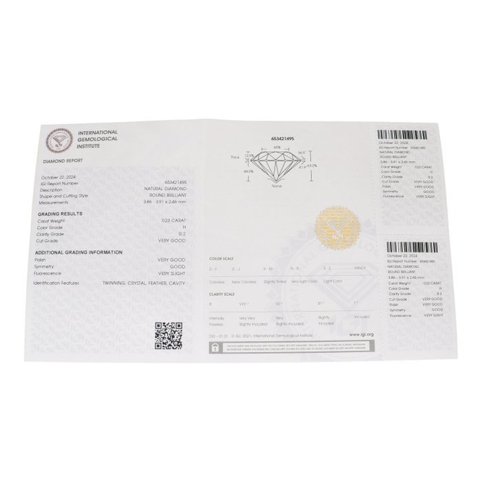 Ingen mindstepris - 1 pcs Diamant  (Natur)  - 0.23 ct - Rund - H - SI2 - International Gemological Institute (IGI)