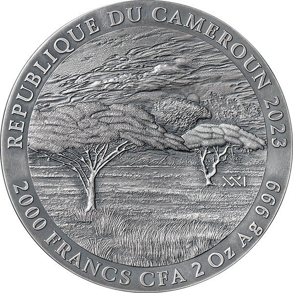 Cameroun. 2000 Francs 2023 Black Rhino Expressions of Wildlife Antique finish Silver Coin 2 oz (.999)