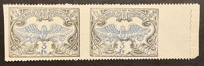 Belgien 1902/1914 - Jernbanefrimærker - 4. udgave - 3 francs sort og blå - med Curiosity "Lodret uperforeret" - OBP TR44-Cu