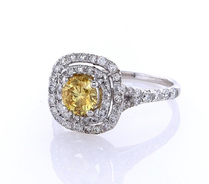 Ring - 14 karat Hvidguld -  0.53ct. tw. Gul Diamant (Naturfarvet) - Diamant