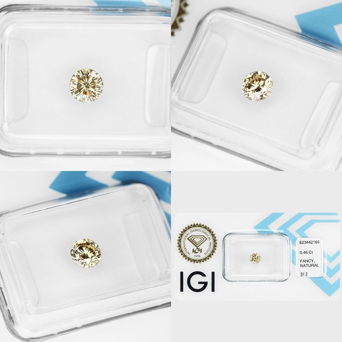 Ingen mindstepris - 1 pcs Diamant  (Natur)  - 0.46 ct - Rund - SI2 - International Gemological Institute (IGI) - fancy lys brunlig gul