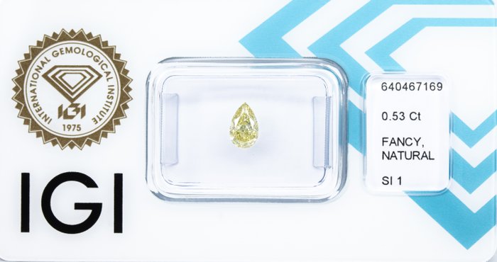 Ingen mindstepris - 1 pcs Diamant  (Naturfarvet)  - 0.53 ct - Pære - Fancy Grønlig Gul - SI1 - International Gemological Institute (IGI)