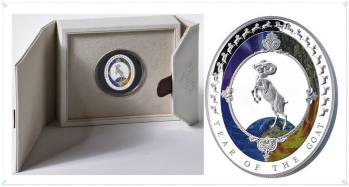 Tokelau. 2 Dollars 2015  Year of the Goat - Colorized, Proof, 1 Oz (.999) with COA and BOX  (Ingen mindstepris)