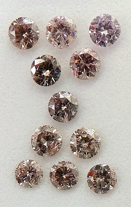 Ingen mindstepris - 11 pcs Diamant  (Naturfarvet)  - 0.92 ct - Rund - Light Brunlig Lyserød - I1, SI1 - Antwerp Laboratory for Gemstone Testing (ALGT)