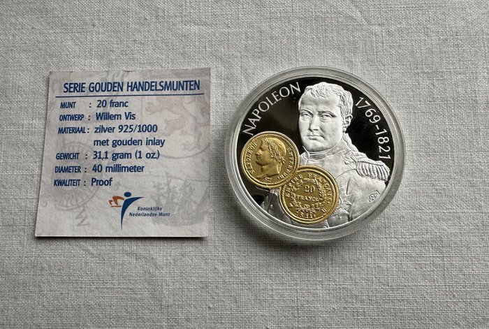 Hollandske Antiller. 10 Gulden 2001 Handelsmunt 'Napoleon Bonaparte' zilver met gouden inlay  (Ingen mindstepris)