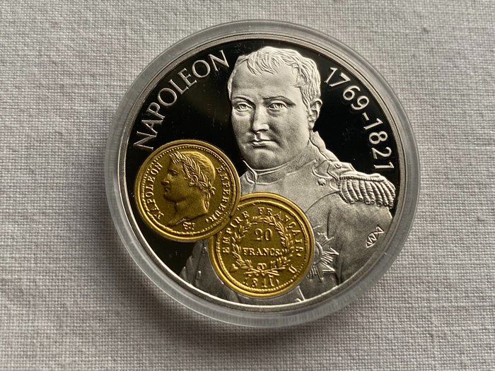 Hollandske Antiller. 10 Gulden 2001 Handelsmunt 'Napoleon Bonaparte' zilver met gouden inlay  (Ingen mindstepris)