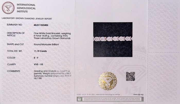 Armbånd - 14 karat Hvidguld -  11.19ct. tw. Diamant (Laboratoriedyrket)