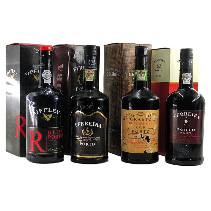 4 Porto Wine Bottles: Offley Ruby Port + Ferreira Port + Crasto 10 Years + Ferreira Port Ruby - Colheita Port -  Douro  - 4 Flaske (0,75L)