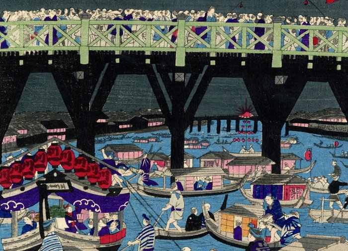 Fireworks at Ryogoku bridge From the series "Famous Places of Tokyo and Yokohama at a Glance" - Utagawa Hiroshige III (1842–1894) - Japan -  Meiji-perioden (1868-1912)