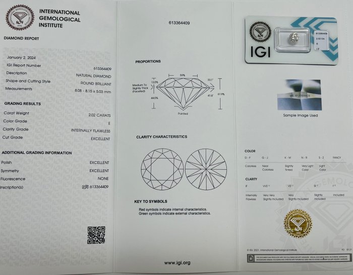 1 pcs Diamant  (Natur)  - 202 ct - Rund - E - IF - International Gemological Institute (IGI) - *3EX Ingen*