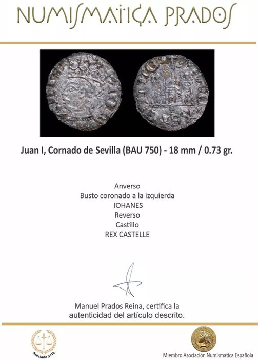 Kongeriget Castile. Juan I (1379 - 1390). Cornado Ceca de Sevilla (BAU 750) - 18 mm / 0.73 gr.  (Ingen mindstepris)