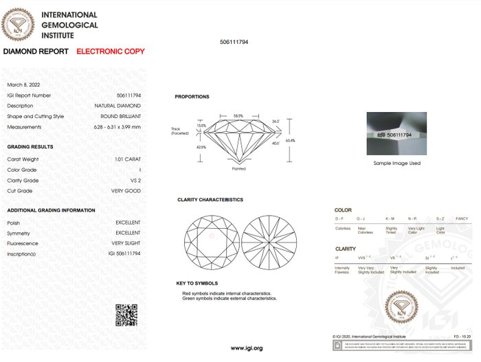 1 pcs Diamant  (Natur)  - 1.01 ct - Rund - I - VS2 - International Gemological Institute (IGI)