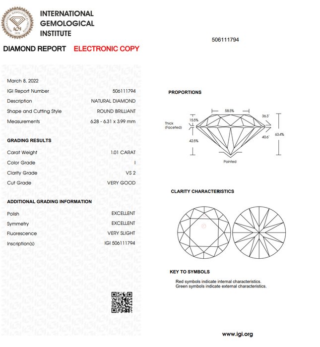 1 pcs Diamant  (Natur)  - 1.01 ct - Rund - I - VS2 - International Gemological Institute (IGI)