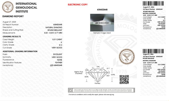 1 pcs Diamant  (Natur)  - 0.30 ct - Rund - K - SI2 - International Gemological Institute (IGI) - Premium Diamond VG EX VG