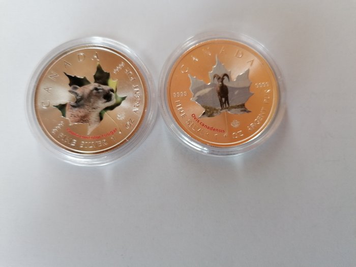 Canada. 5 Dollars 2014 Canadian Wildlife - Maple leaf Series - Cougar 7th + Big Horn Sheep 8th, 2x1 Oz (.999)