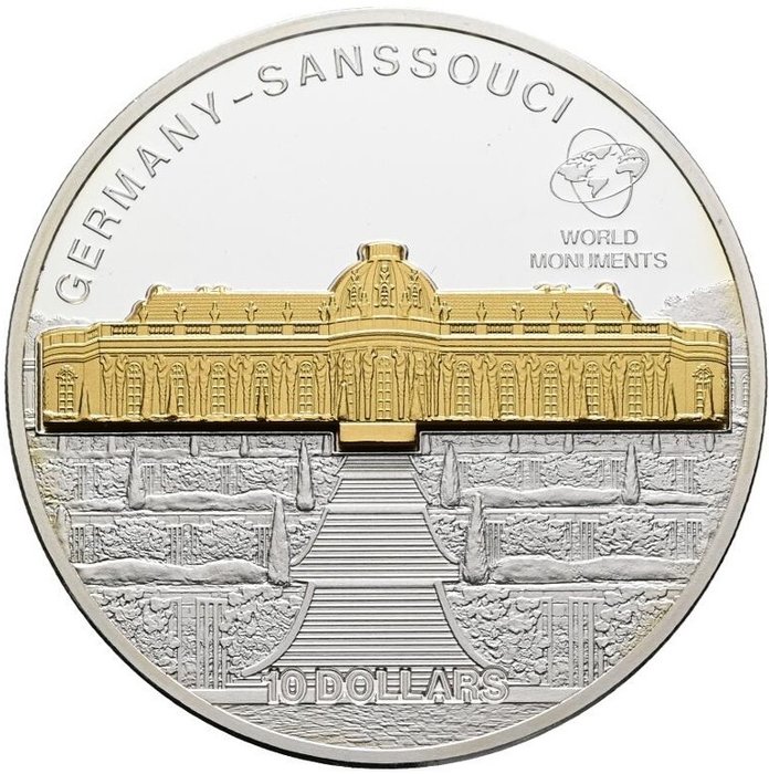 Cook-øerne. 10 Dollars 2010 Skulpturmünze - Schloss Sanssouci, 1 Oz (.999)  (Ingen mindstepris)