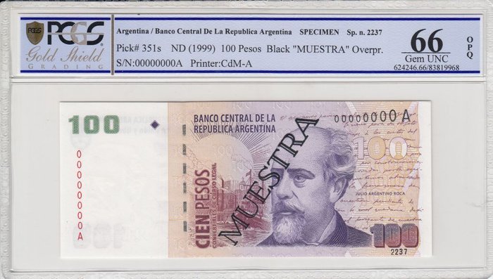 Argentina. - 100 Pesos - ND (1999) - Specimen - Pick 351s