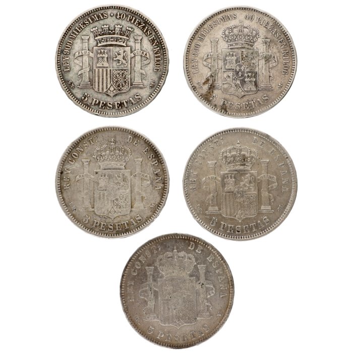 Spanien. 5 Pesetas 1870/1898 (5 stuks)  (Ingen mindstepris)