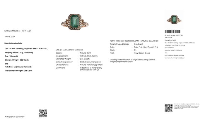 Ingen mindstepris - Ring - 14 karat Rosaguld -  292ct tw Smaragd - Diamant - IGI 236 ct blålig grøn