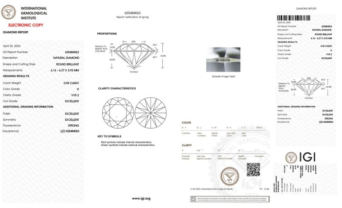 1 pcs Diamant  (Natur)  - 0.95 ct - Rund - H - VVS2 - International Gemological Institute (IGI) - *3EX*