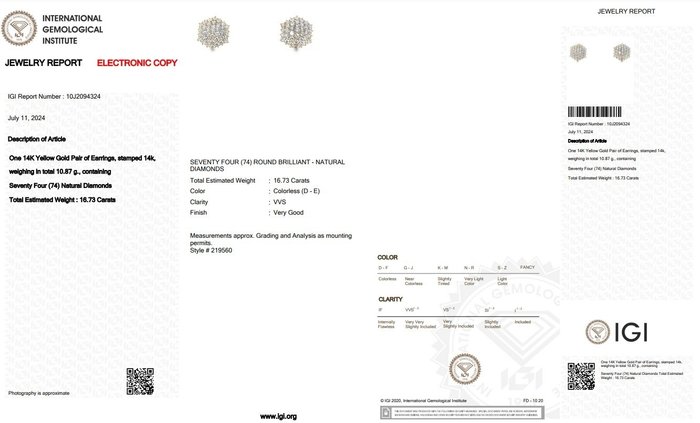 Øreringe - 14 karat Gulguld -  16.73ct. tw. Diamant (Natur) - Wow øreringe