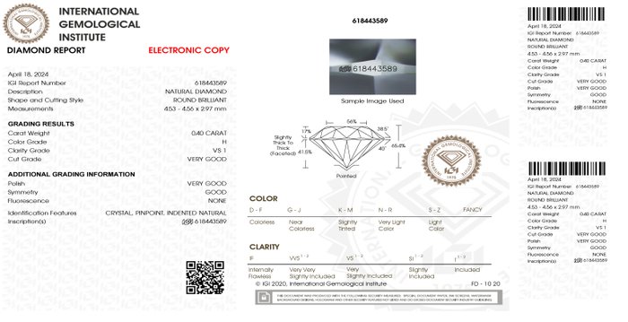 1 pcs Diamant  (Natur)  - 0.40 ct - Rund - H - VS1 - International Gemological Institute (IGI) - *VG*