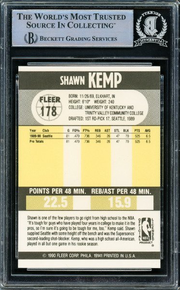 1990 Fleer Shawn Kemp Rookie Hand Signed Beckett Autentisk Auto - 1 Graded card