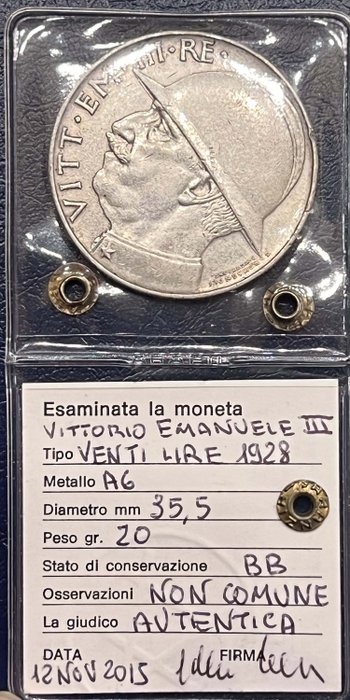 Italien, Kongerig Vittorio Emanuele III. 20 Lire 1928 "Elmetto"  (Ingen mindstepris)