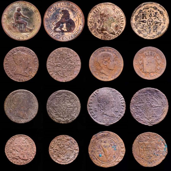 Spanien. Isabel II, Gobierno Provisional, Carlos IV, Alfonso XII y Carlos III. Lote de 8 monedas Lote de 8 españolas acuñadas entre los siglos XVIII al XIX  (Ingen mindstepris)